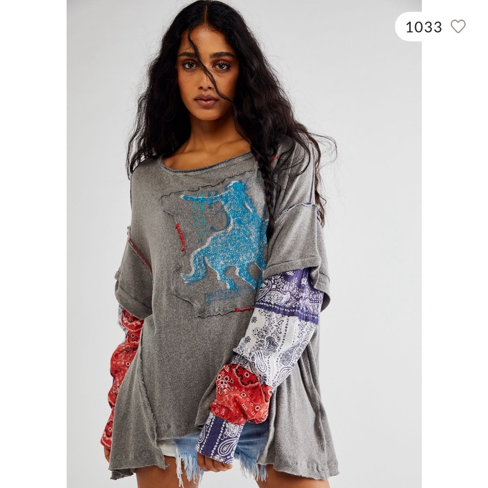 Free People Rodeo tee with Colorful Patchwork Sleeves